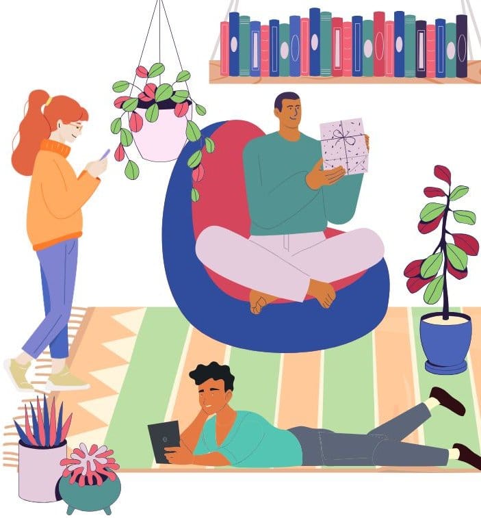 Une femme lisant un livre devant la bibliothèque de son salon