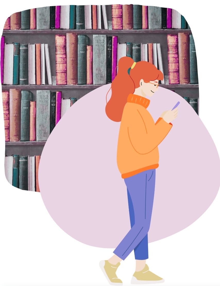 Une femme lisant un livre devant la bibliothèque de son salon